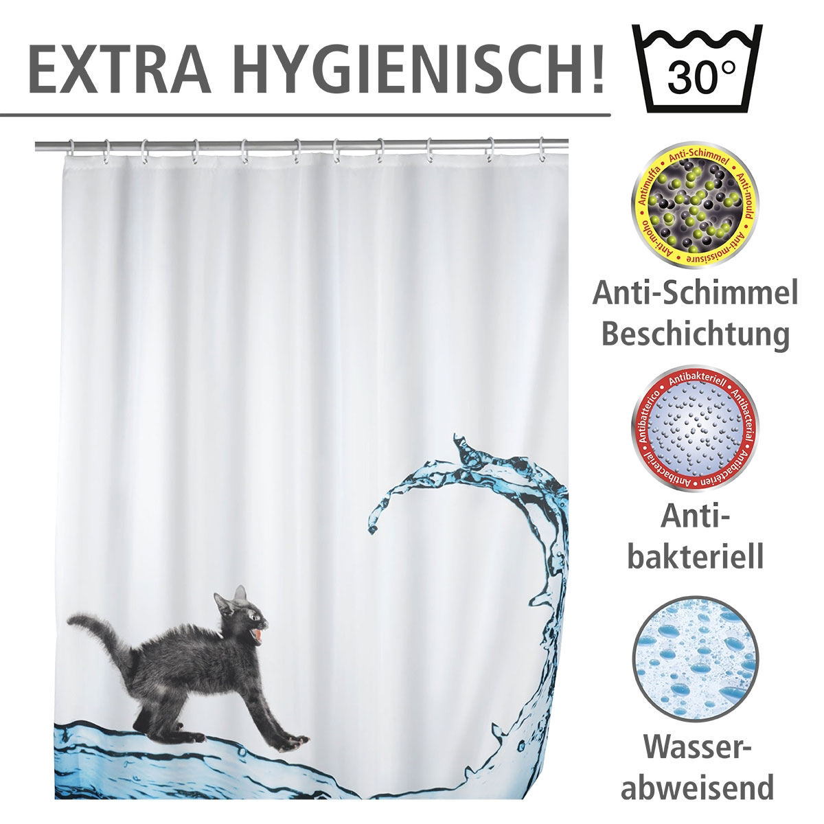 Wenko  Anti-Schimmel Duschvorhang Cat Textil Polyester 180 x 200 cm waschbar Bild 3