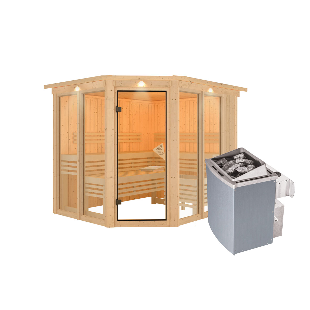 Karibu Sauna Ainur 3 mit Kranz naturbelassen integrierte Steuerung Bild 3