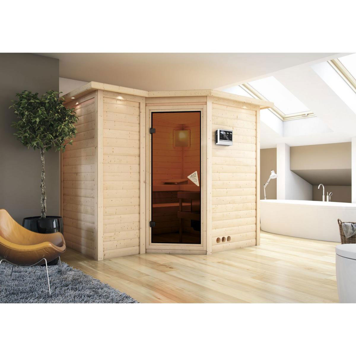 Karibu Massivholzsauna Sahib 2 40 mm 9 kW Ofen integr Strg mit Dachkranz Bild 5