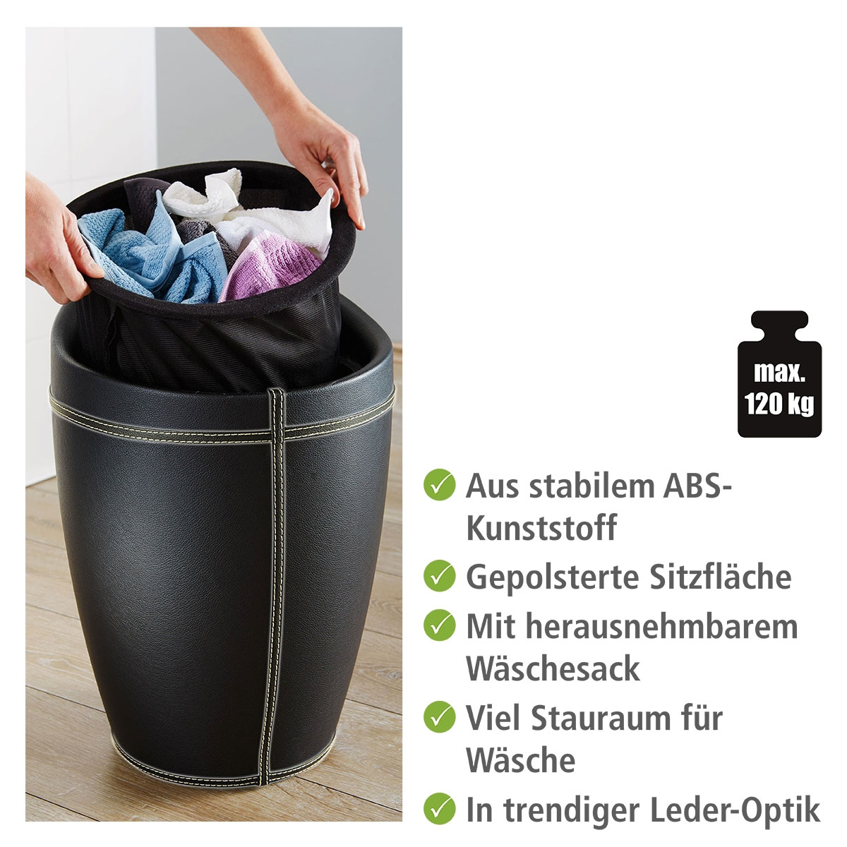 Wenko  Hocker Candy Black in Lederoptik mit Wäschesack Badhocker mit abnehmbarem Wäschesammler Bild 2