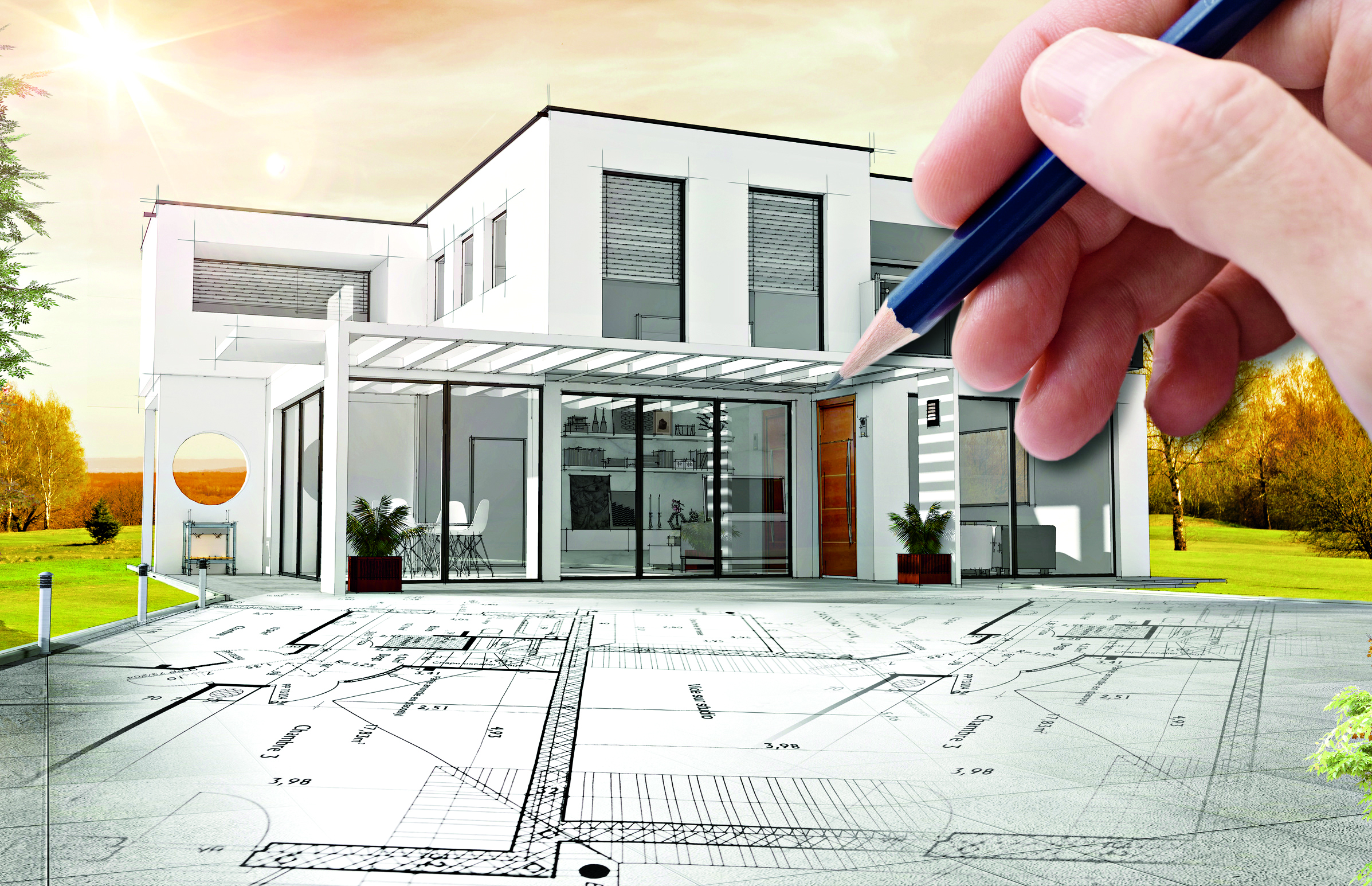 Skizzierte Terrasse und ein weißes Haus