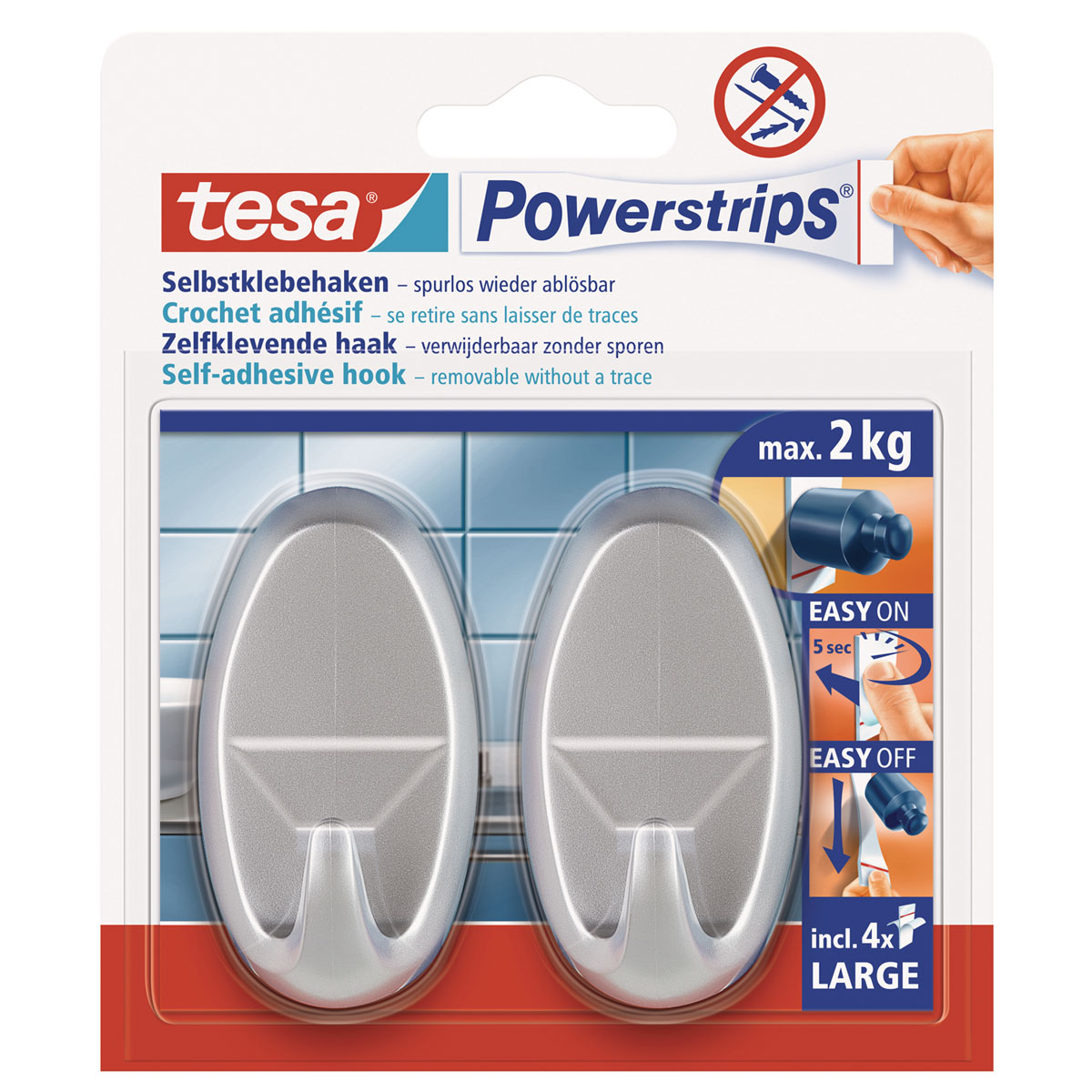 Tesa Haken Powertstripe Large Oval mattchrom 2 Haken und 4 Strips