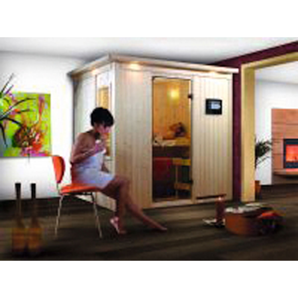 Karibu Systemsauna Fanja 68 mm 3,6 kW Ofen Bio externe Strg mit Dachkranz