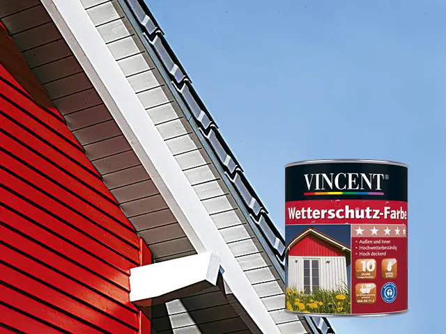 Eine rote VINCENT Wetterschutz-Farbe steht vor dem Giebel eines rot-weißen Hauses.