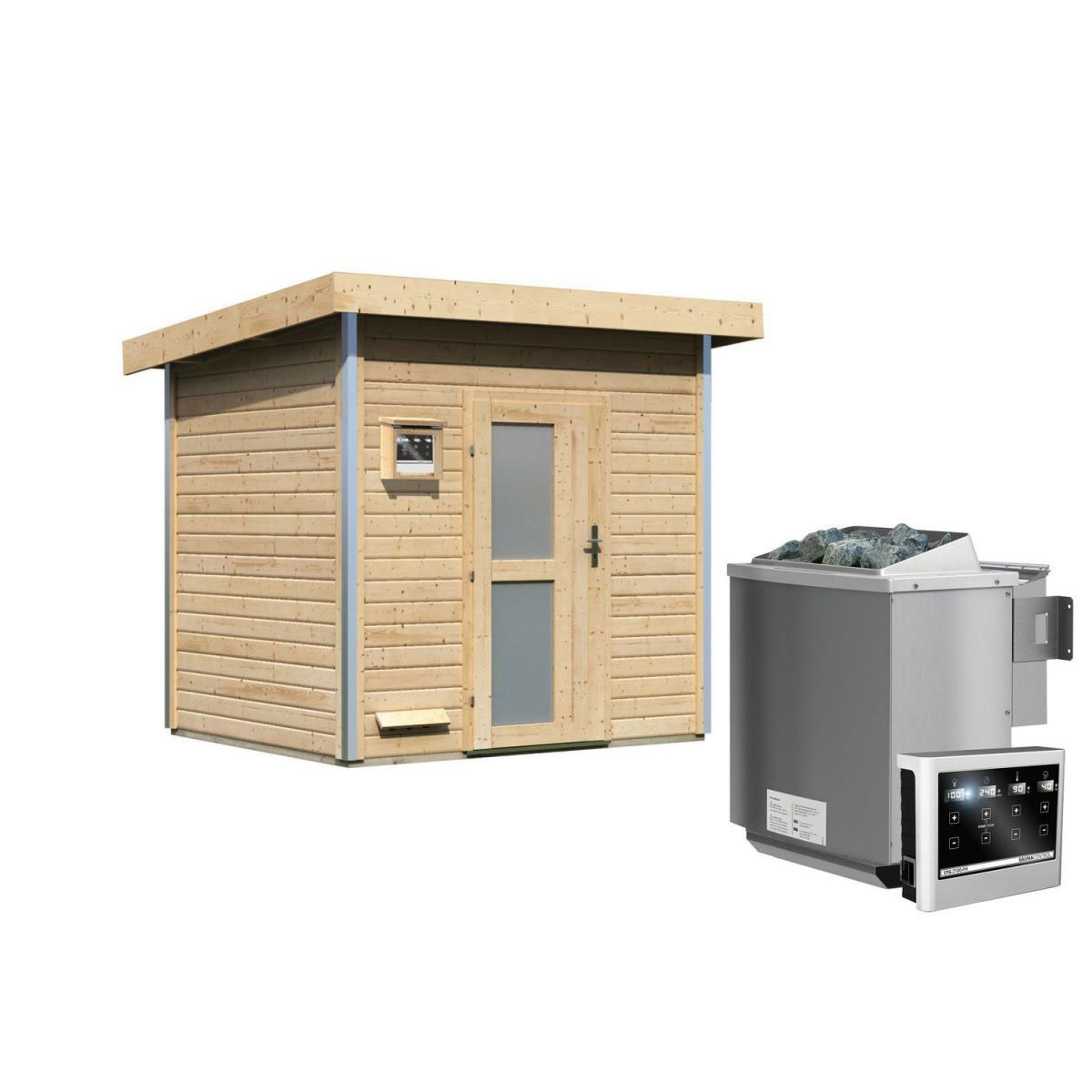 Karibu Saunahaus Norge 38 mm 9 kW Bio Ofen externe Strg Milchglastür Bild 1