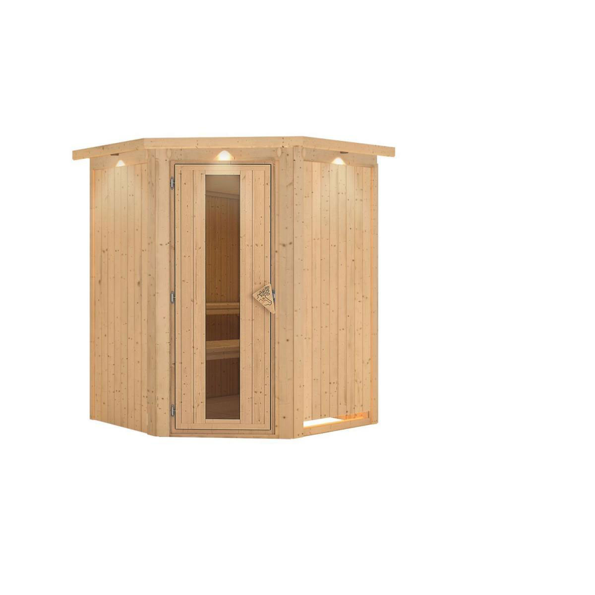 Karibu Sauna Larin Eckeinstieg Tür gedämmt mit Kranz ohne Ofen Bild 2