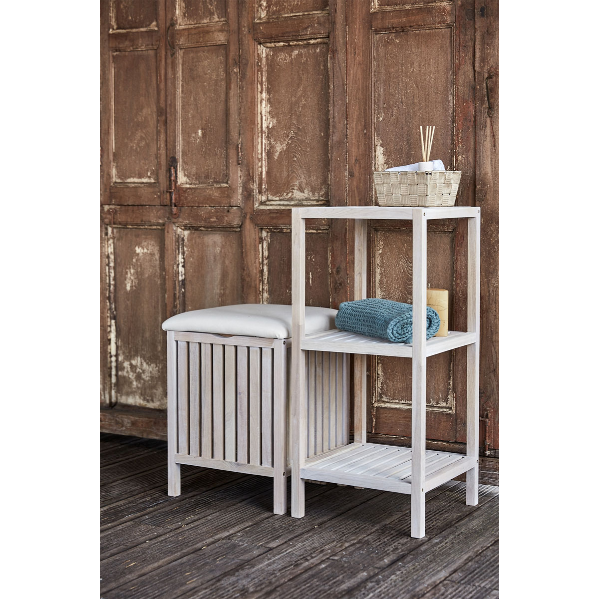 Wenko  Hocker Norway Weiß mit Wäschesammler Badhocker massives Walnussholz Bild 8