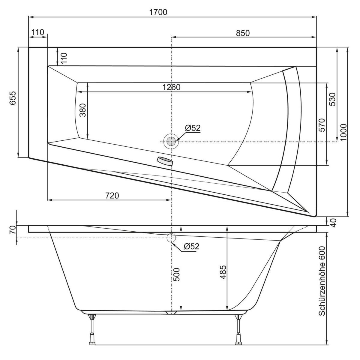 Ottofond Badewanne Galia I Modell A 170 x 100 x 65,5 cm weiß Bild 3