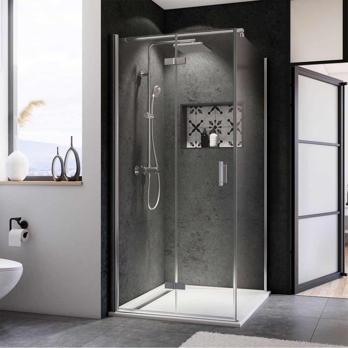 Breuer  Drehfalttür Panorama für Seitenwand Anschlag links alu chromeffekt grau getönt 900 mm