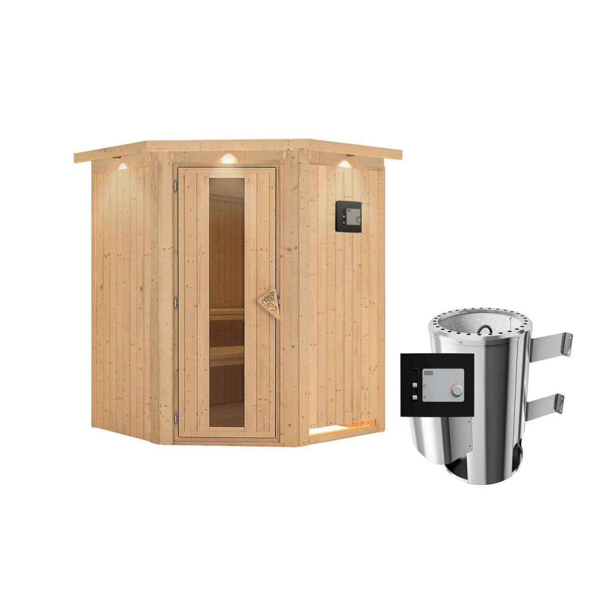 Karibu Sauna Nanja Eckeinstieg 3,6 kW Ofen externe Strg mit Kranz Energiespartür Bild 1