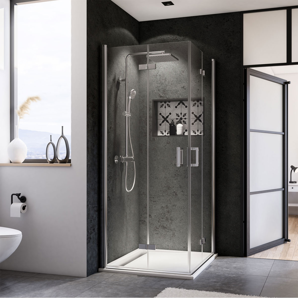 Breuer  Q72 Eckeinstieg Panorama Drehfalttür 4-teilig alu chromeffekt Kalrglas inkl CER1000/1000 mm Bild 1