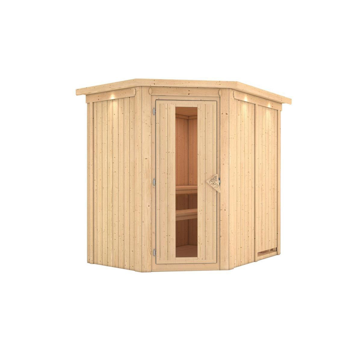 Karibu Sauna Saja Eckeinstieg ohne Ofen mit Kranz Energiespartür Bild 1