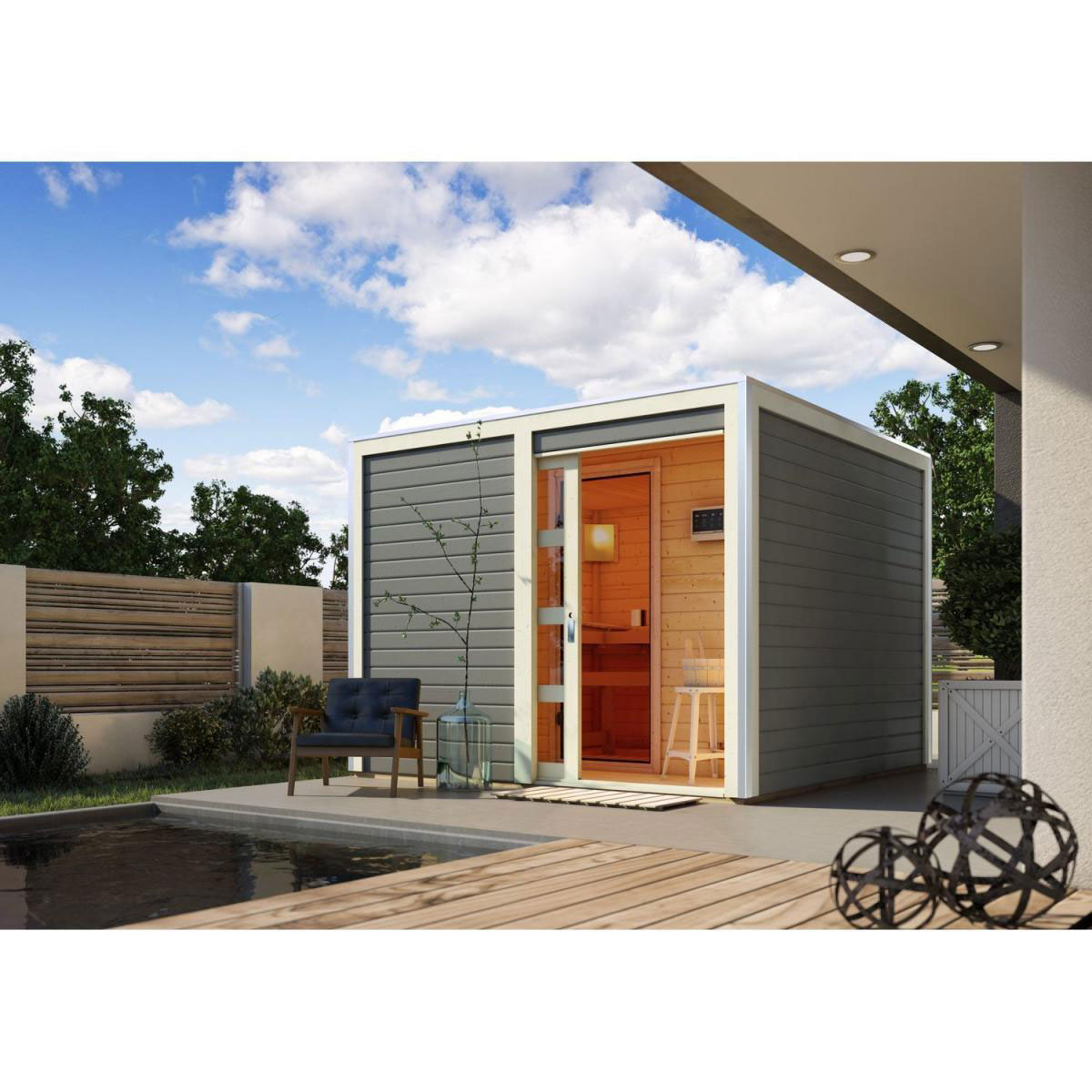 Karibu Saunahaus Cuben 38 mm Ofen 9kW Bio extern grau