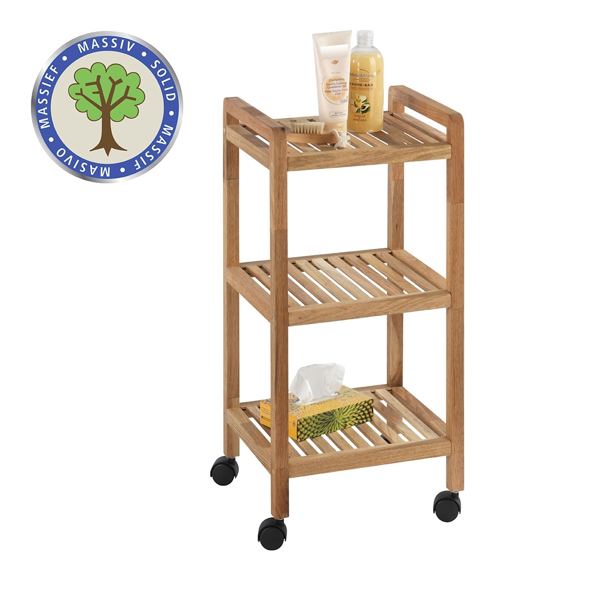 Wenko  Rollregal Norway aus Walnussholz mit 3 Böden massiv Bild 1