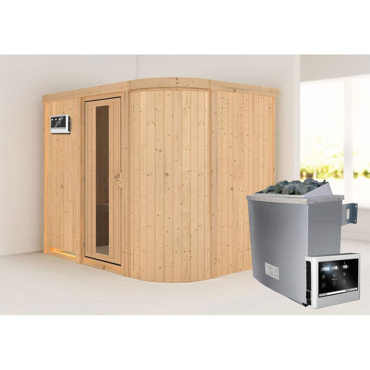 Karibu Sauna Titania 4 Fronteinstieg 9 kW Ofen externe Strg kein Kranz Energiespartür Bild 6