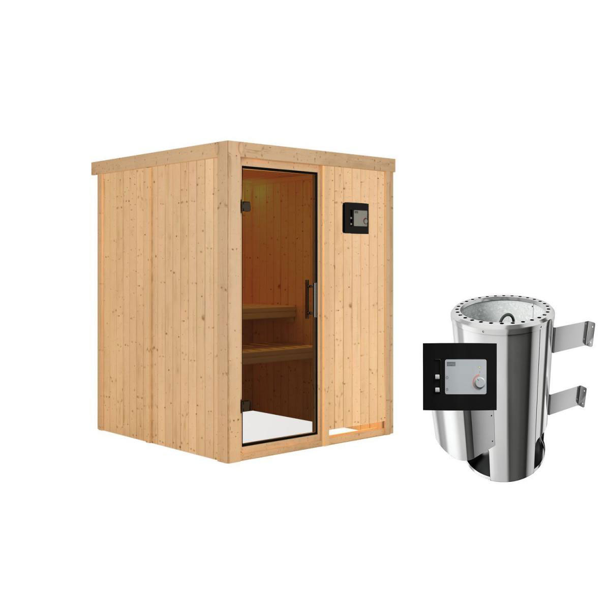 Karibu Sauna Minja Fronteinstieg 3,6 kW Ofen externe Strg modern kein Kranz Energiespartür Bild 1