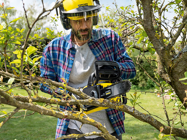Mann sägt mit kleiner Motorsäge Ast von einem Baum ab
