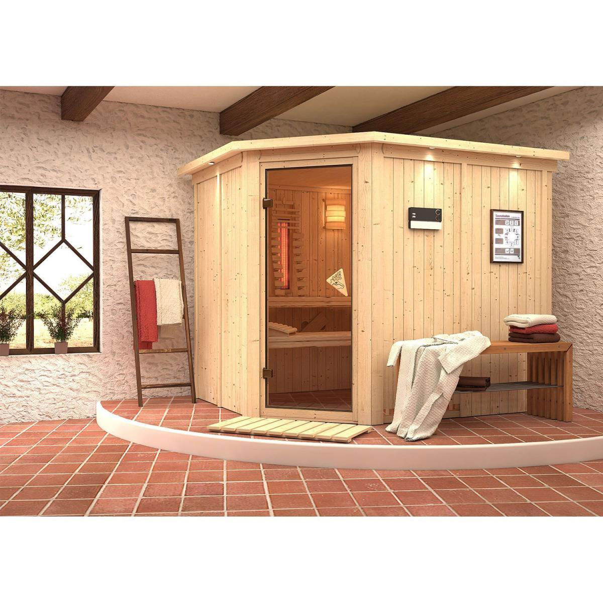 Karibu Systemsauna Malin 68 mm 9 kW Ofen externe Strg mit Dachkranz Bild 5
