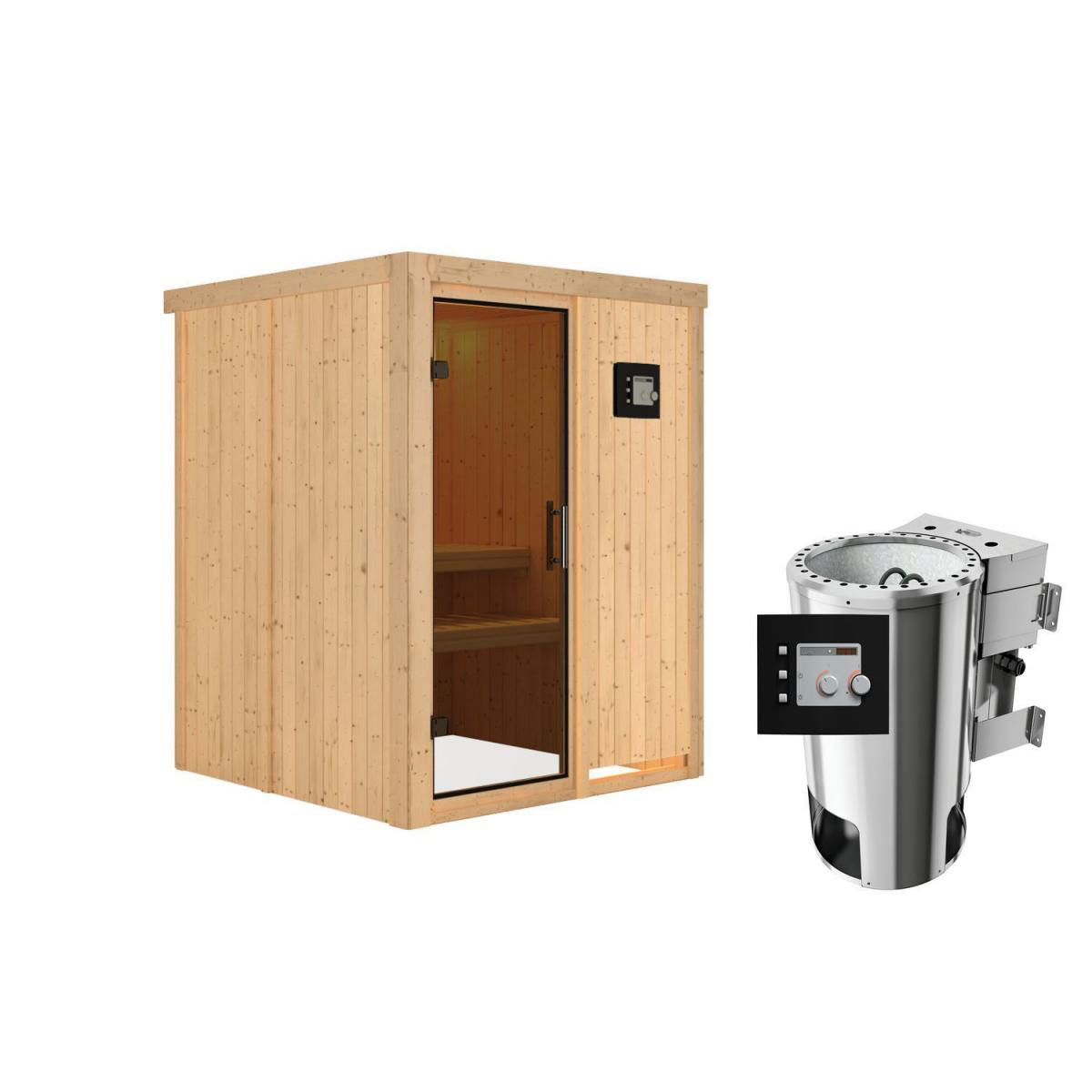 Karibu Sauna Minja Fronteinstieg 3,6 kW Bio Ofen externe Strg modern kein Kranz Energiespartür Bild 1