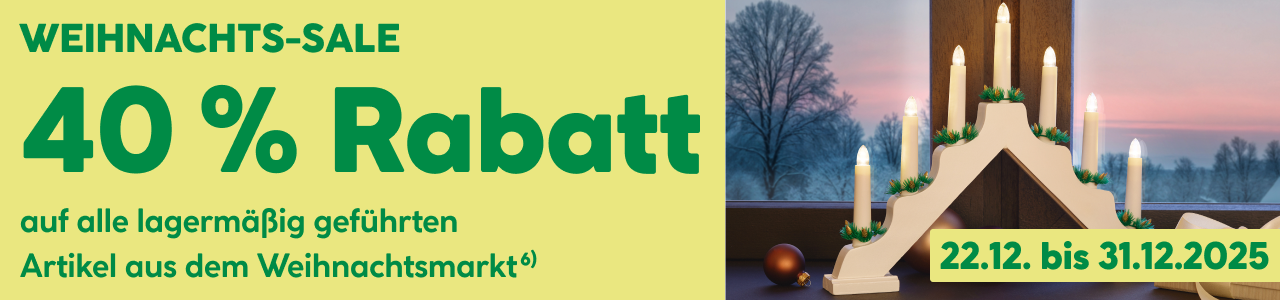 Weihnachts-Sale: 40 Prozent Rabatt auf alle lagermäßig geführten Artikel aus dem Weihnachtsmarkt