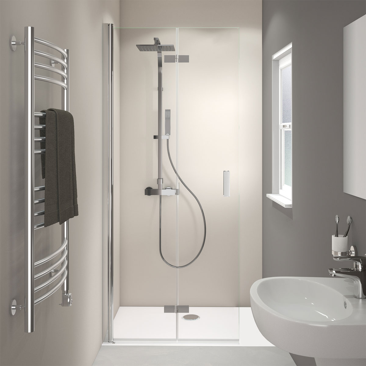 Breuer  Drehfalttür Panorama alleinstehend Anschlag links alu chromeffekt grau getönt 1200 mm Bild 1