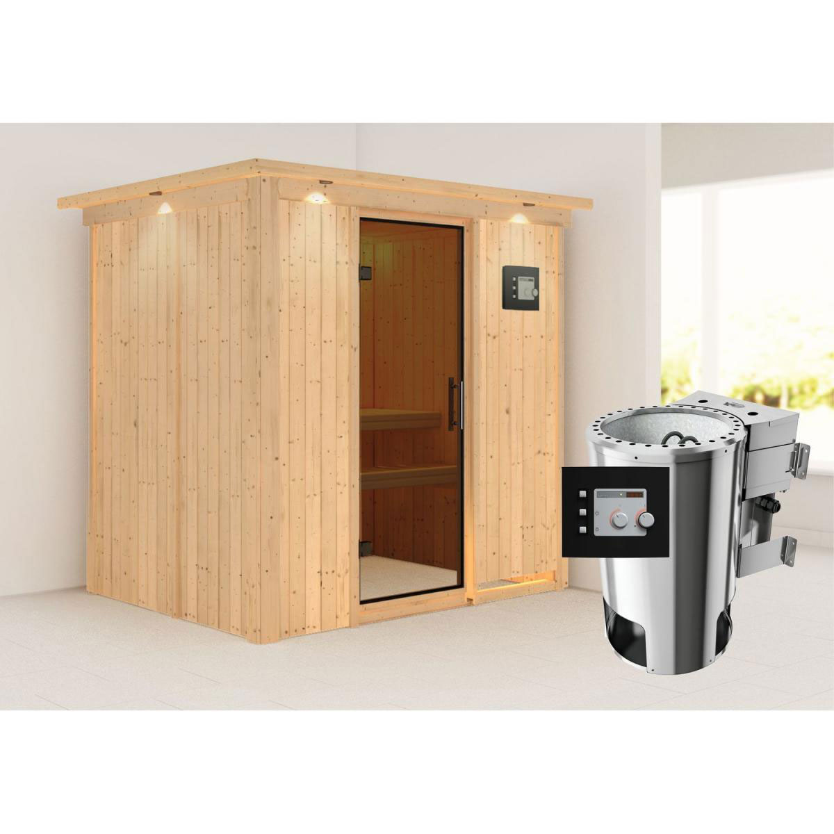 Karibu Sauna Fanja Fronteinstieg 3,6 kW Bio Ofen externe Strg modern mit Kranz graphitfarbene Glastür Bild 7