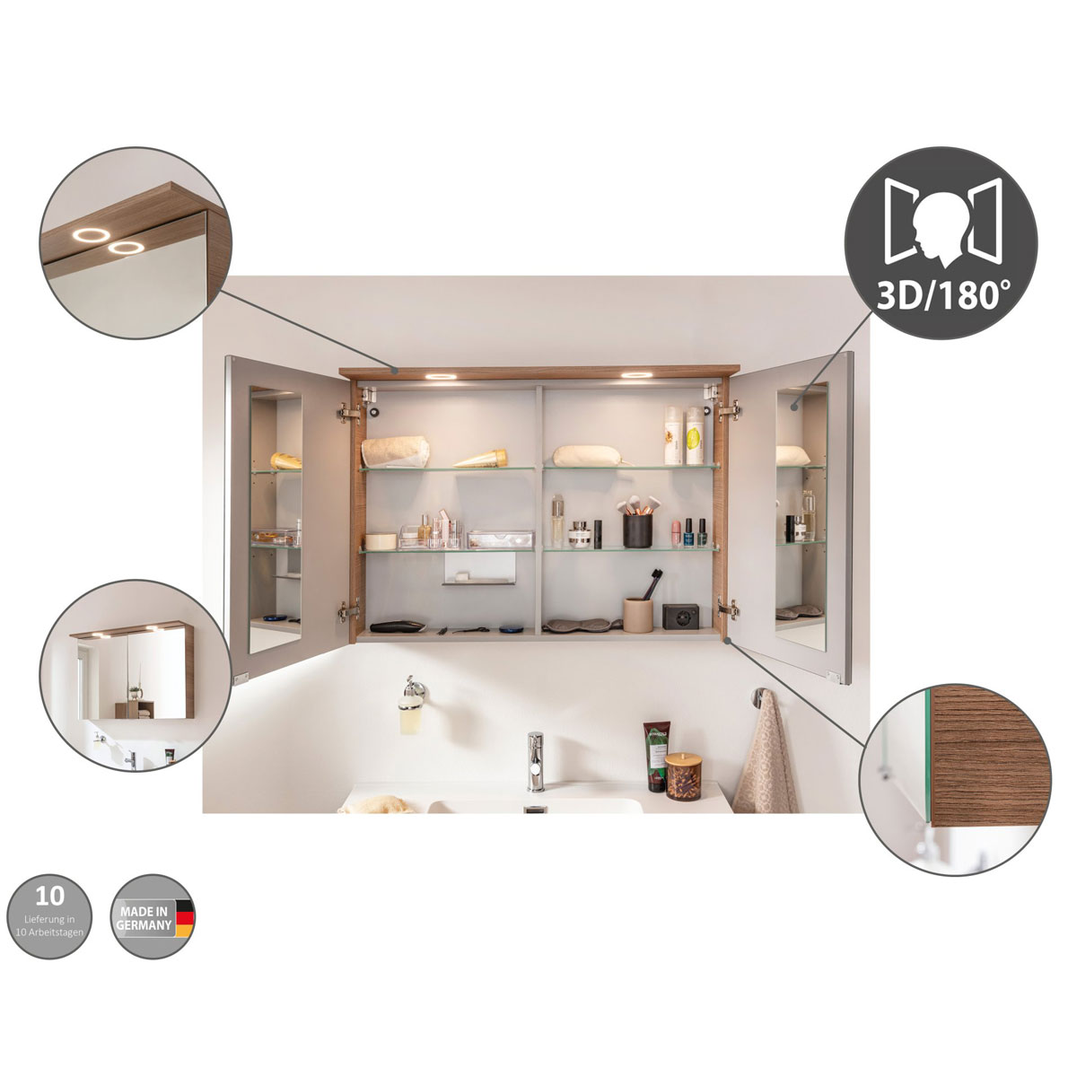 Fackelmann Set Badmoebel-Set Vita 120cm Breite bestSPS WBU+Gussmarmor-WT SummerOak grifflos Bild 7