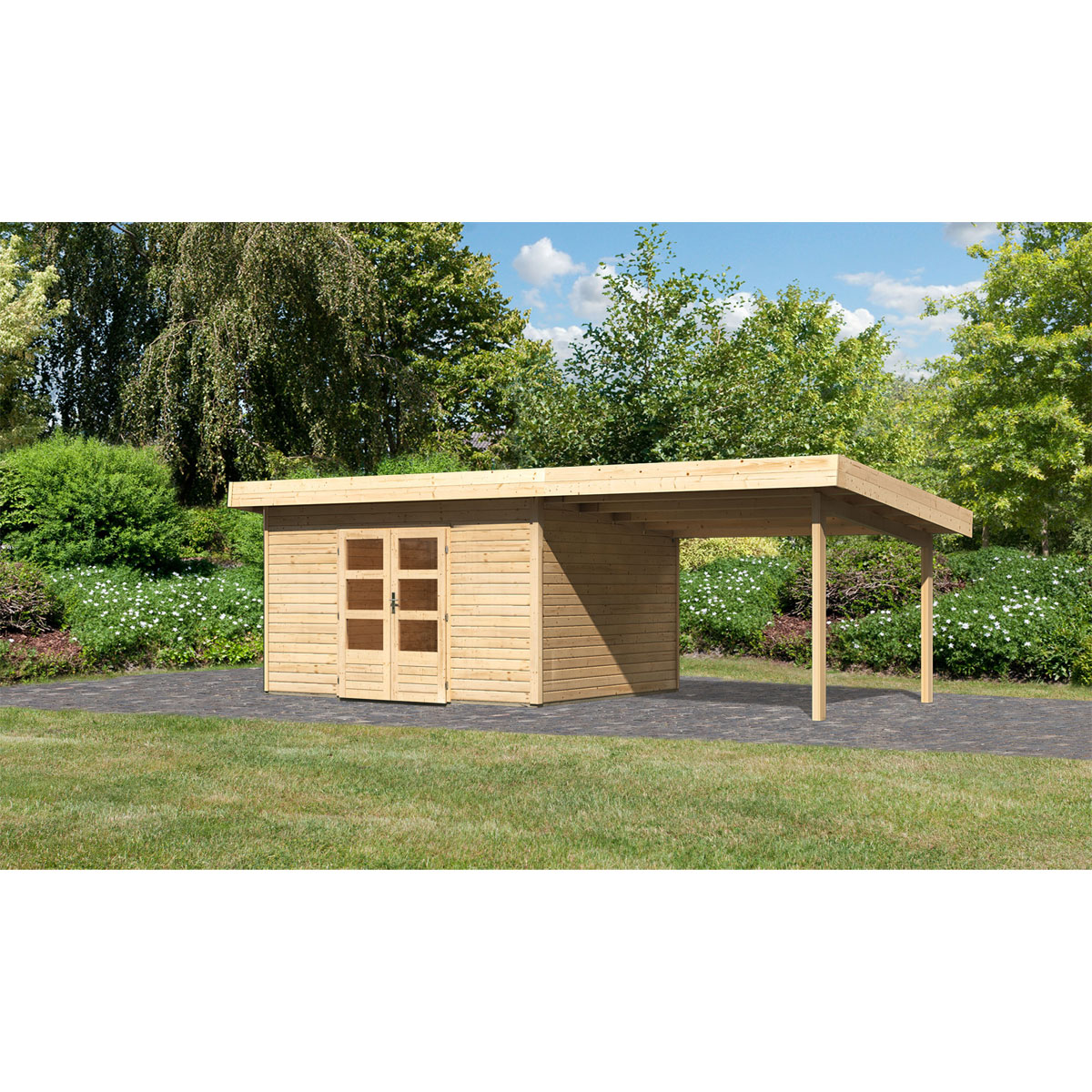 Gartenhaus Northeim 4 Set natur 40 mmmit Anbaudach Breite 3,3 m