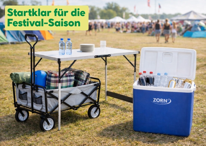 Festivalausstattung mit Bollerwagen, Kühlbox und Campingtisch