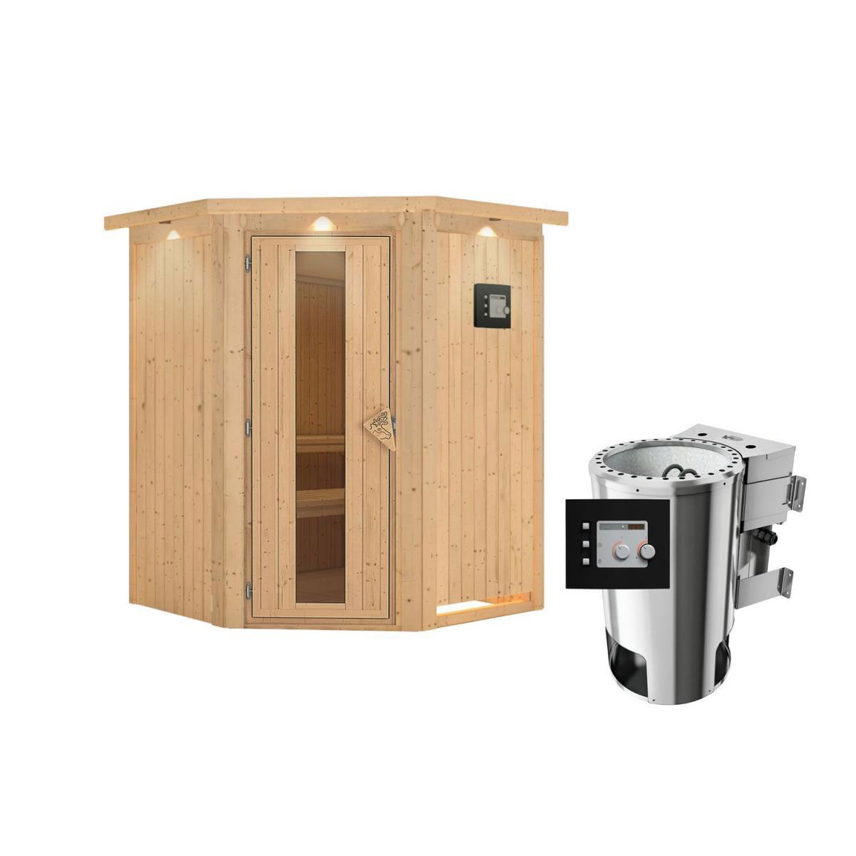 Karibu Sauna Nanja Eckeinstieg 3,6 kW Bio Ofen externe Strg modern mit Kranz Energiespartür Bild 1