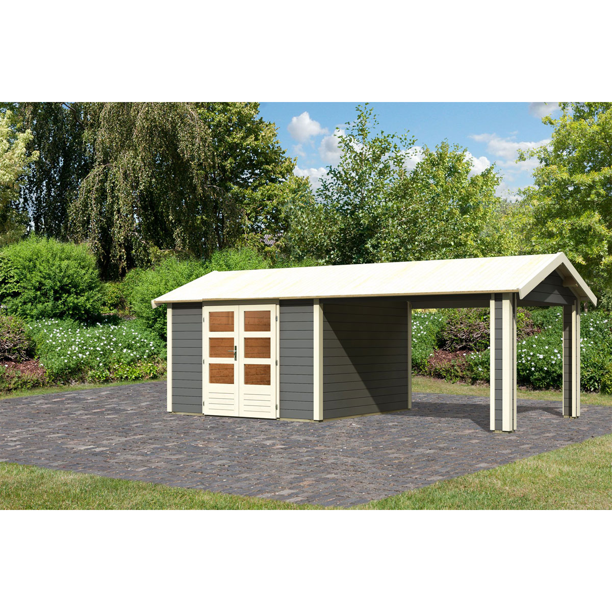 Karibu  Blockbohlenhaus Theres 7 terragrau mit Dachausbauelement Bild 1