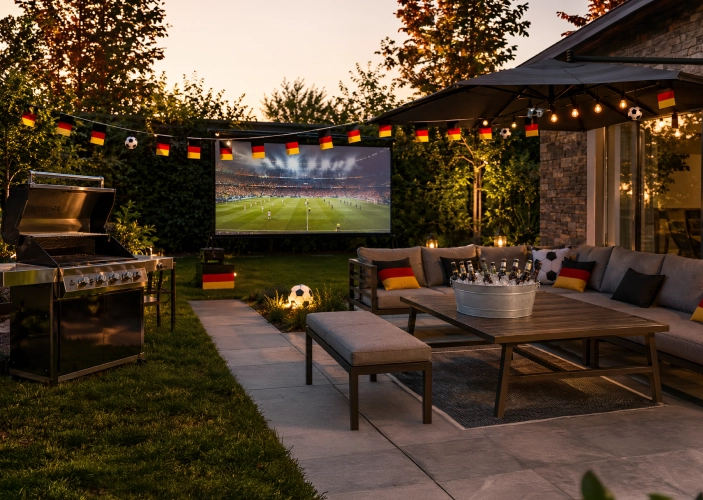 Fußball auf einer leinwand in einem geschmückten GArten