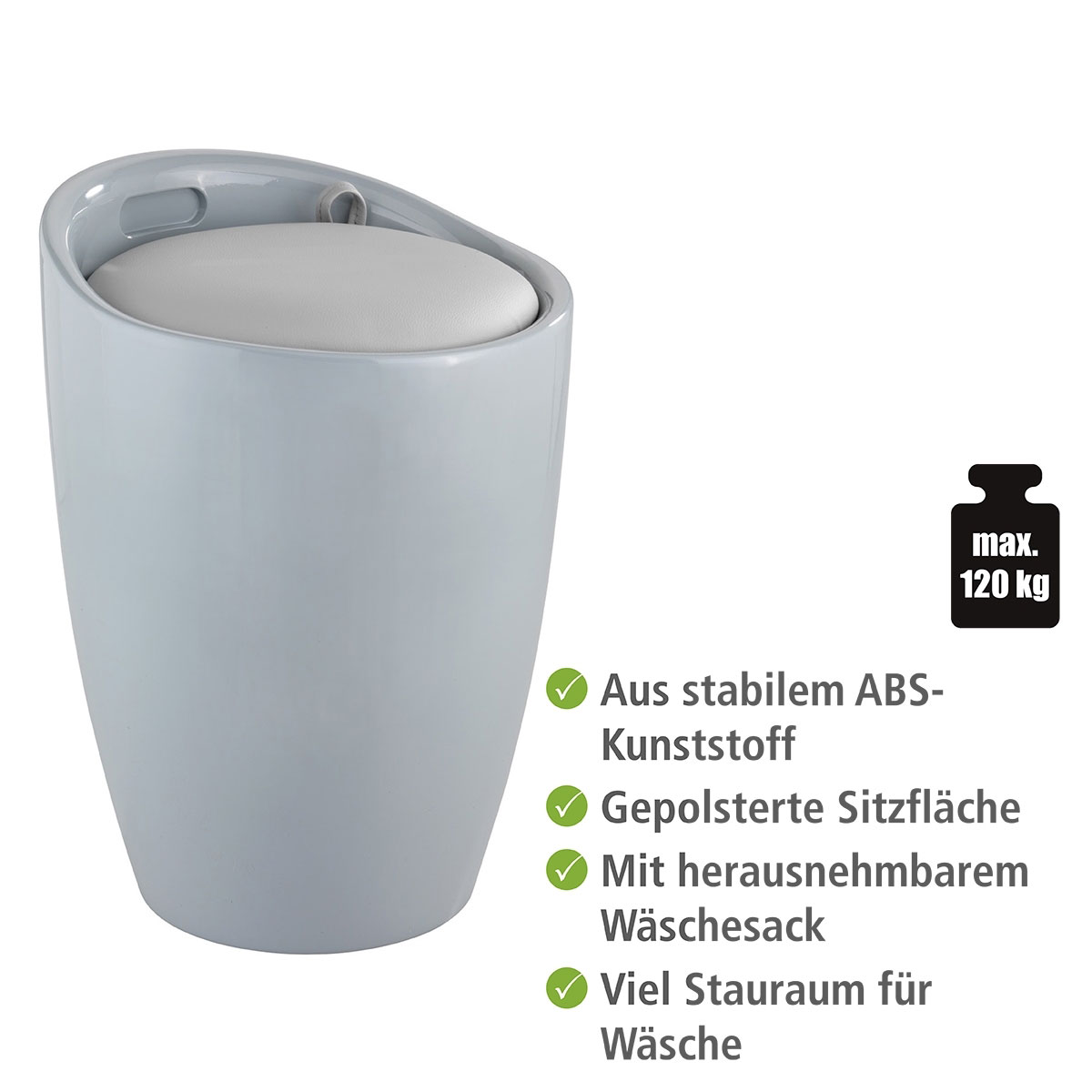 Wenko  Hocker Candy Grey mit Wäschesack Badhocker mit abnehmbarem Wäschesammler Bild 2