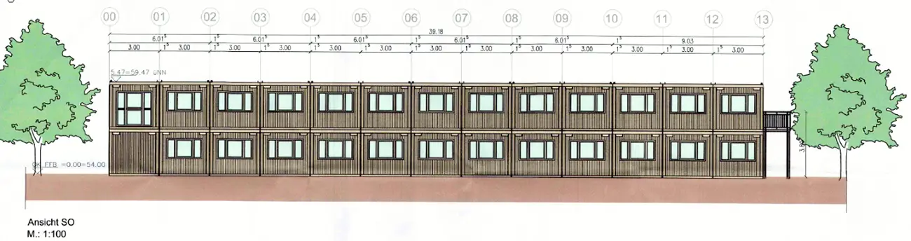 Ein gezeichnetes zweistöckiges Containergebäude steht zwischen zwei Bäumen mit Maßangaben.