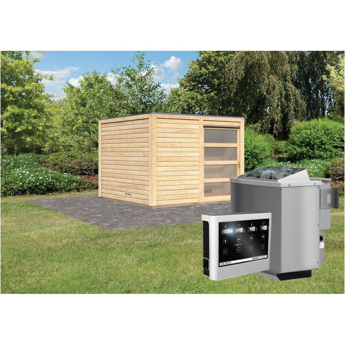 Karibu Saunahaus Cuben 38 mm Ofen 9kW Bio extern ohne Dachkranz