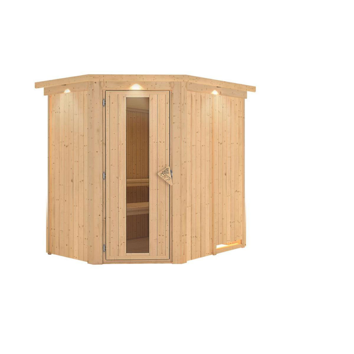 Karibu Sauna Saja Eckeinstieg ohne Ofen mit Kranz Energiespartür Bild 2