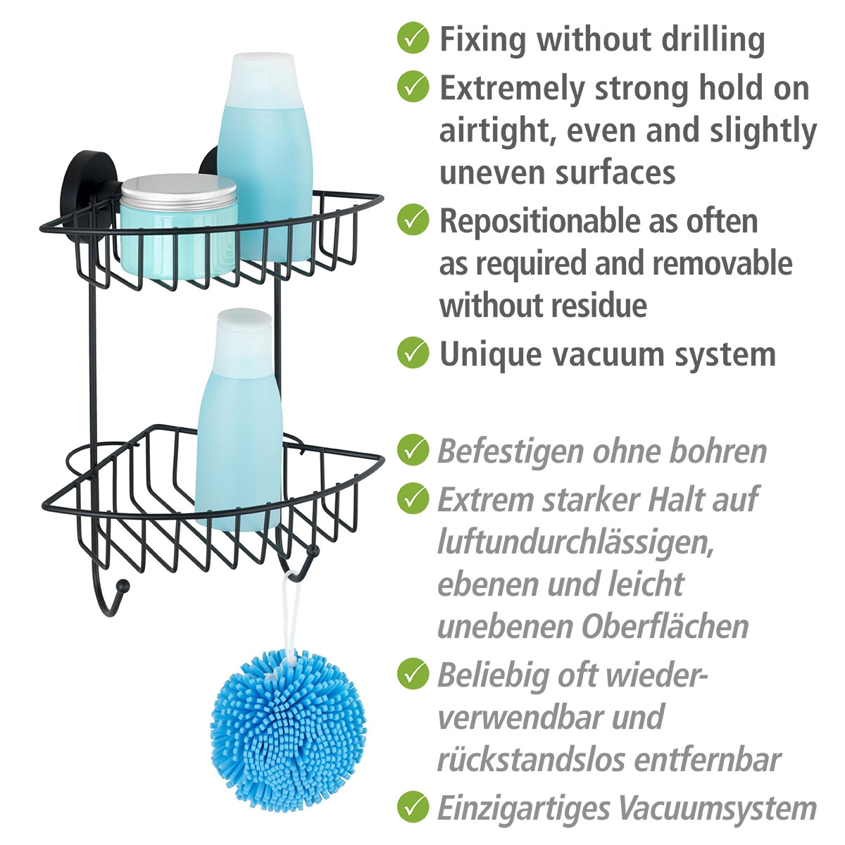 Wenko Eckregal Bari Schwarz Befestigenohnebohren Vacuum-Loc Bild 4