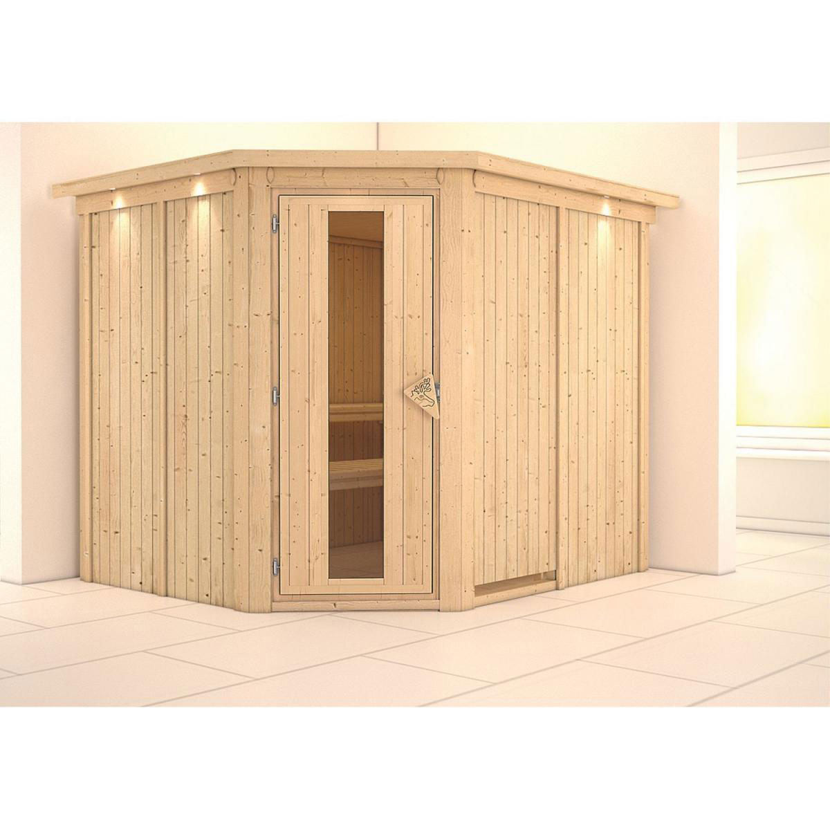 Karibu Sauna Malin Eckeinstieg ohne Ofen Tür gedämmt mit Kranz Bild 1