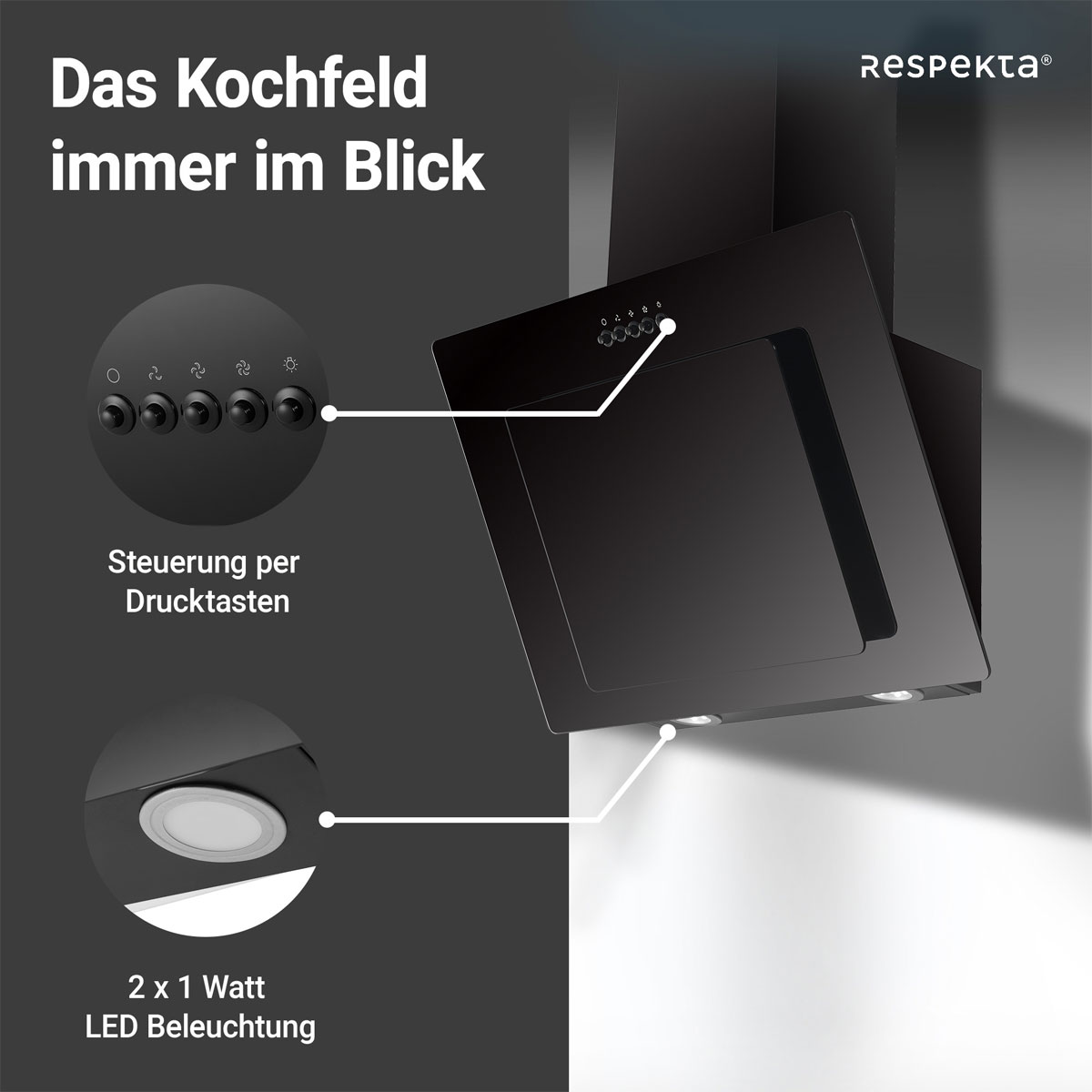 Respekta Haube Schwarz, 60 cm, EEK B3 Leistungsstufen LED-Beleuchtung Bild 6