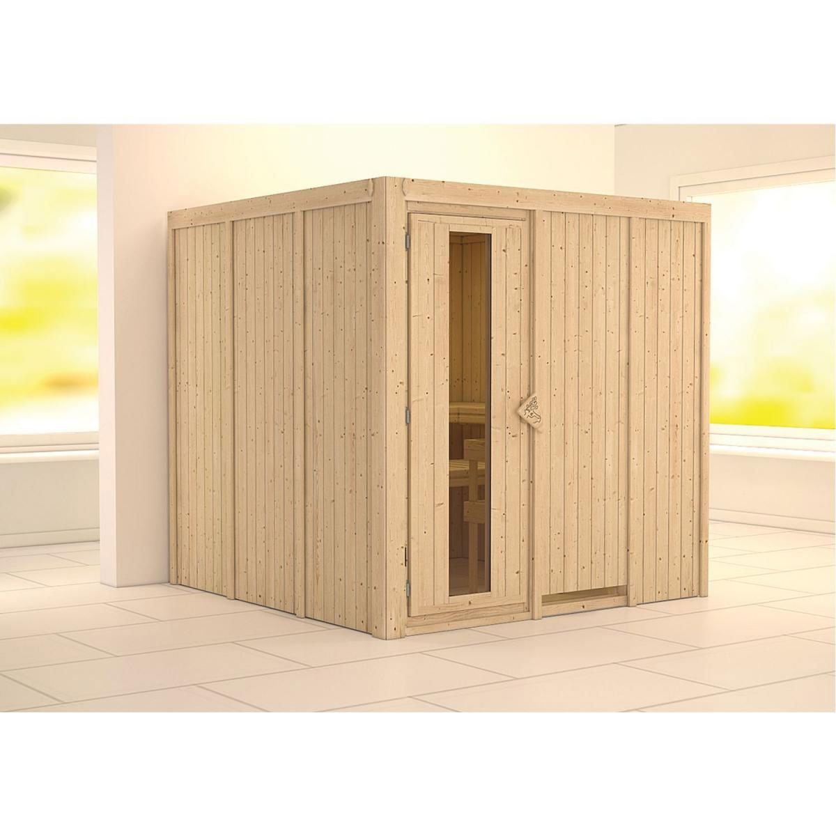 Karibu Sauna Rodin Fronteinstieg ohne Ofen Tür gedämmt ohne Kranz Bild 1