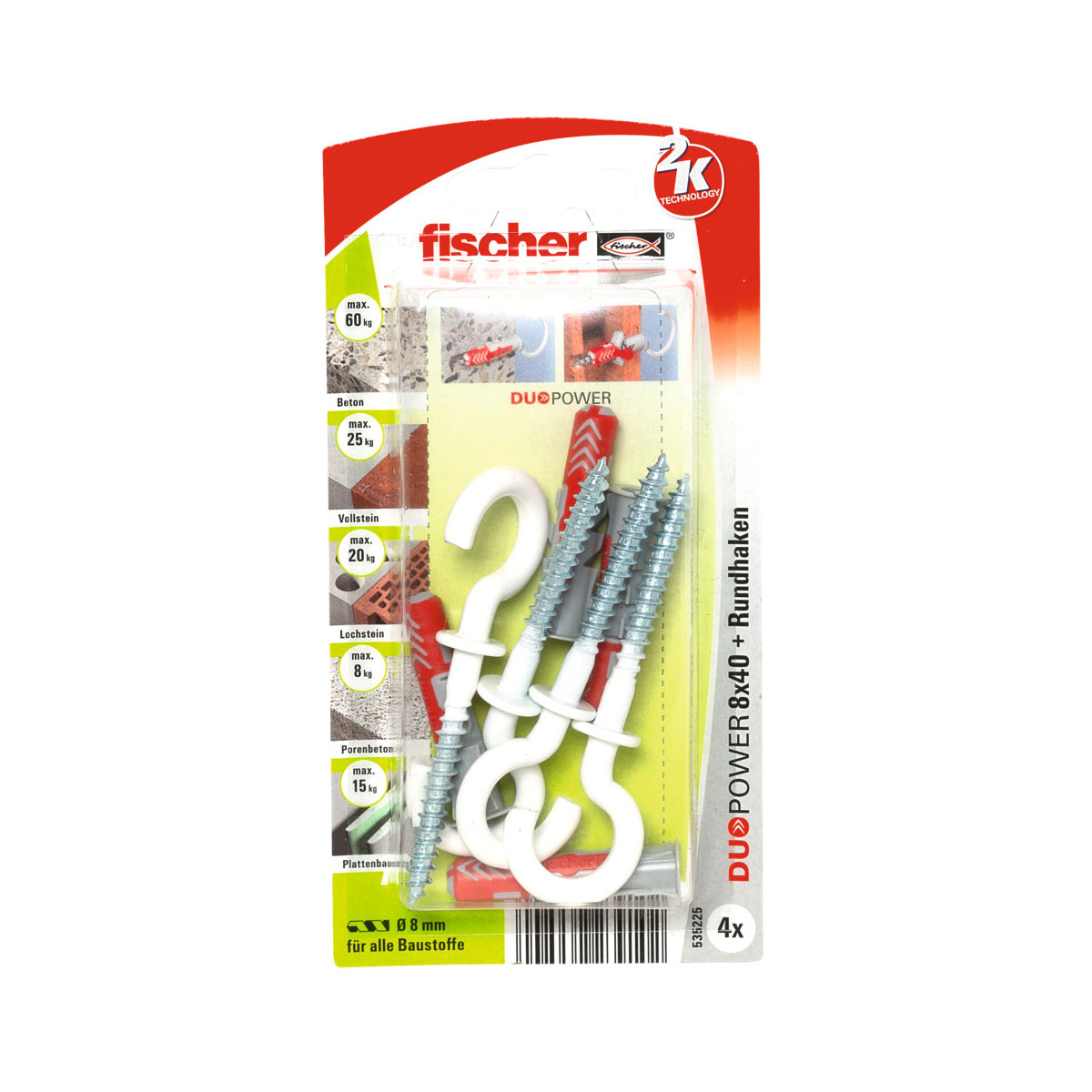 Fischer  Dübel DuoPower 8 x 40 mm mit Rundhaken nylonbeschichtet weiß 4 Stück Bild 1