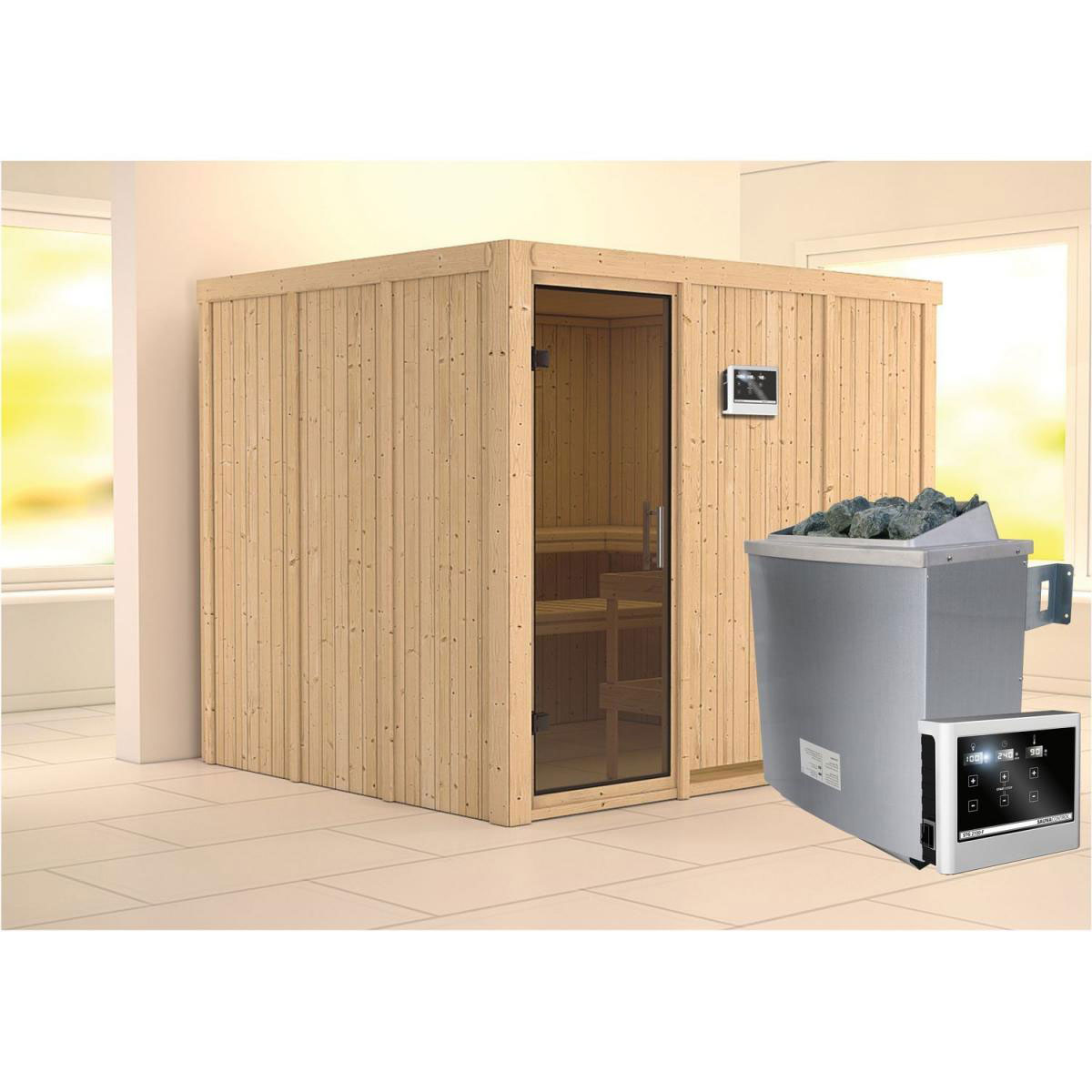 Karibu Gobin Fronteinstieg 9 kW Ofen externe Strg modern ohne Kranz graphitfarbene Tür Bild 1