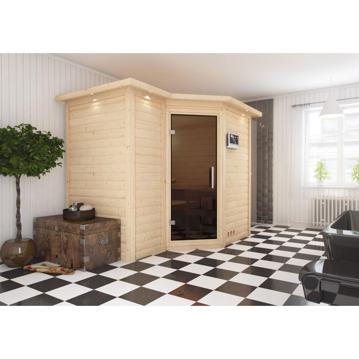 Karibu Sahib 2 Eckeinstieg 9 kW Ofen Bio externe Strg mit Kranz Tür graphit