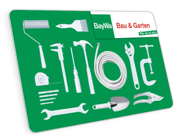 Auf einer grünen Karte sind Werkzeuge wie Hammer, Schraubenschlüssel und Pinsel abgebildet.