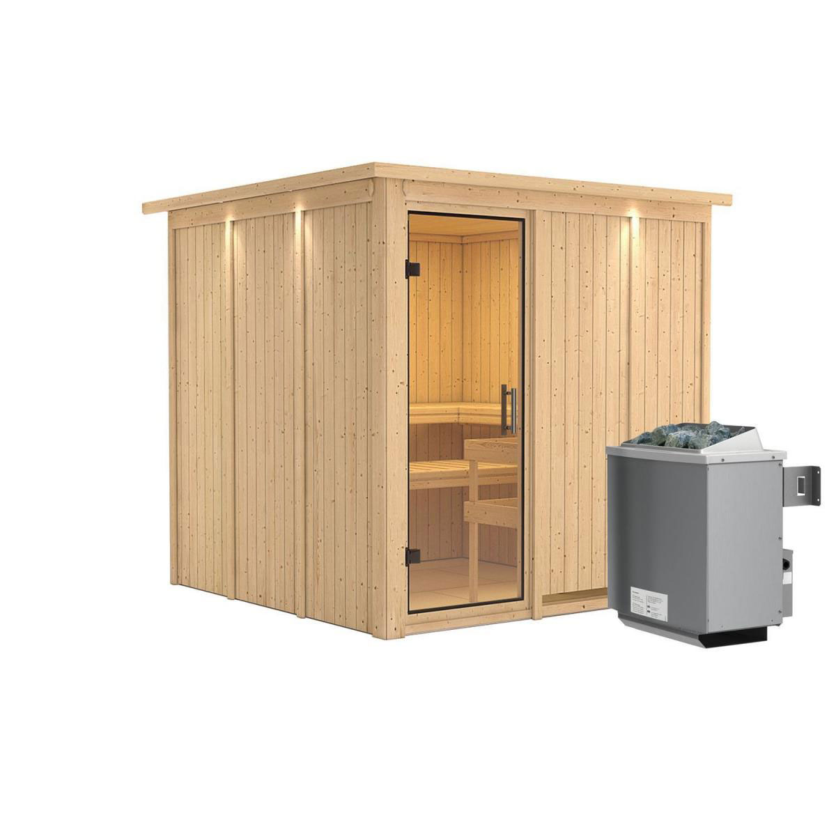Karibu Sauna Rodin Fronteinstieg 9 kW Ofen integr Strg mit Kranz Klarglas-Tür Bild 1