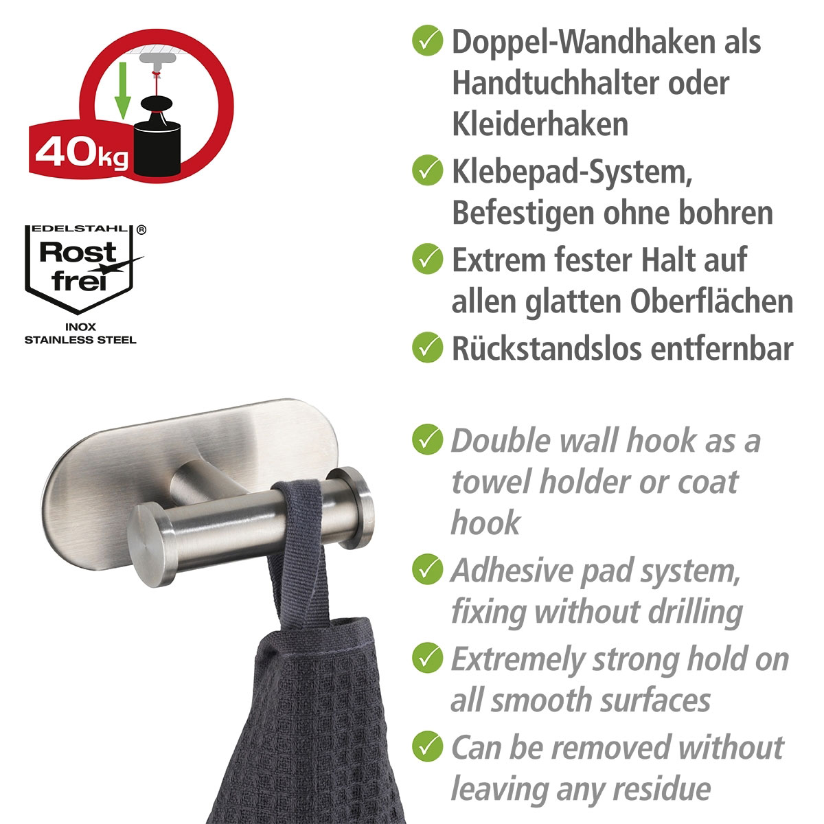 Wenko Turbo-Loc Edelstahl Wandhaken Duo Orea matt Bild 3