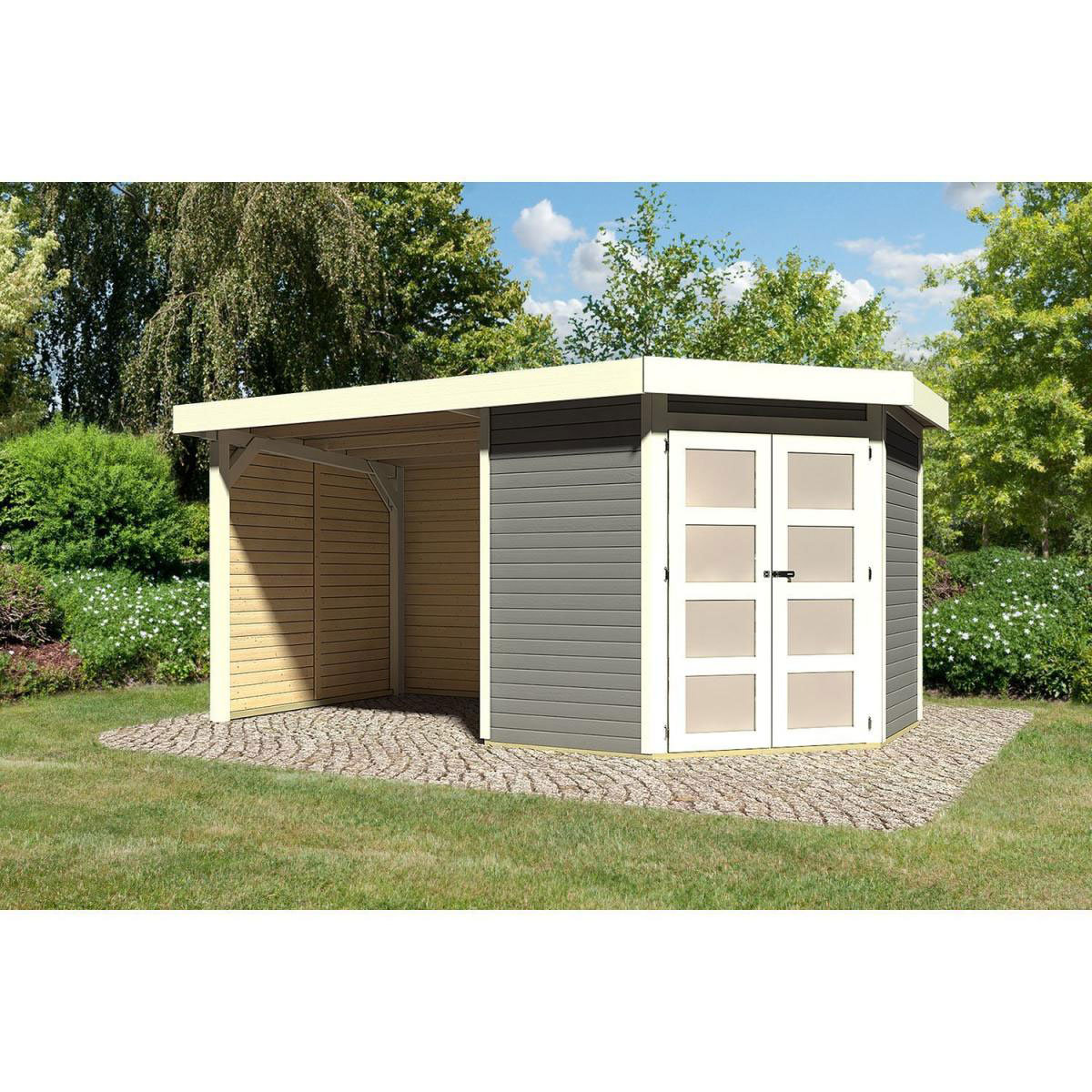Karibu Gartenhaus Goldendorf 3/5 mit Anbaudach 220 cm und Seiten-/Rückwand 213 x 217 x 218 cm grau Bild 1