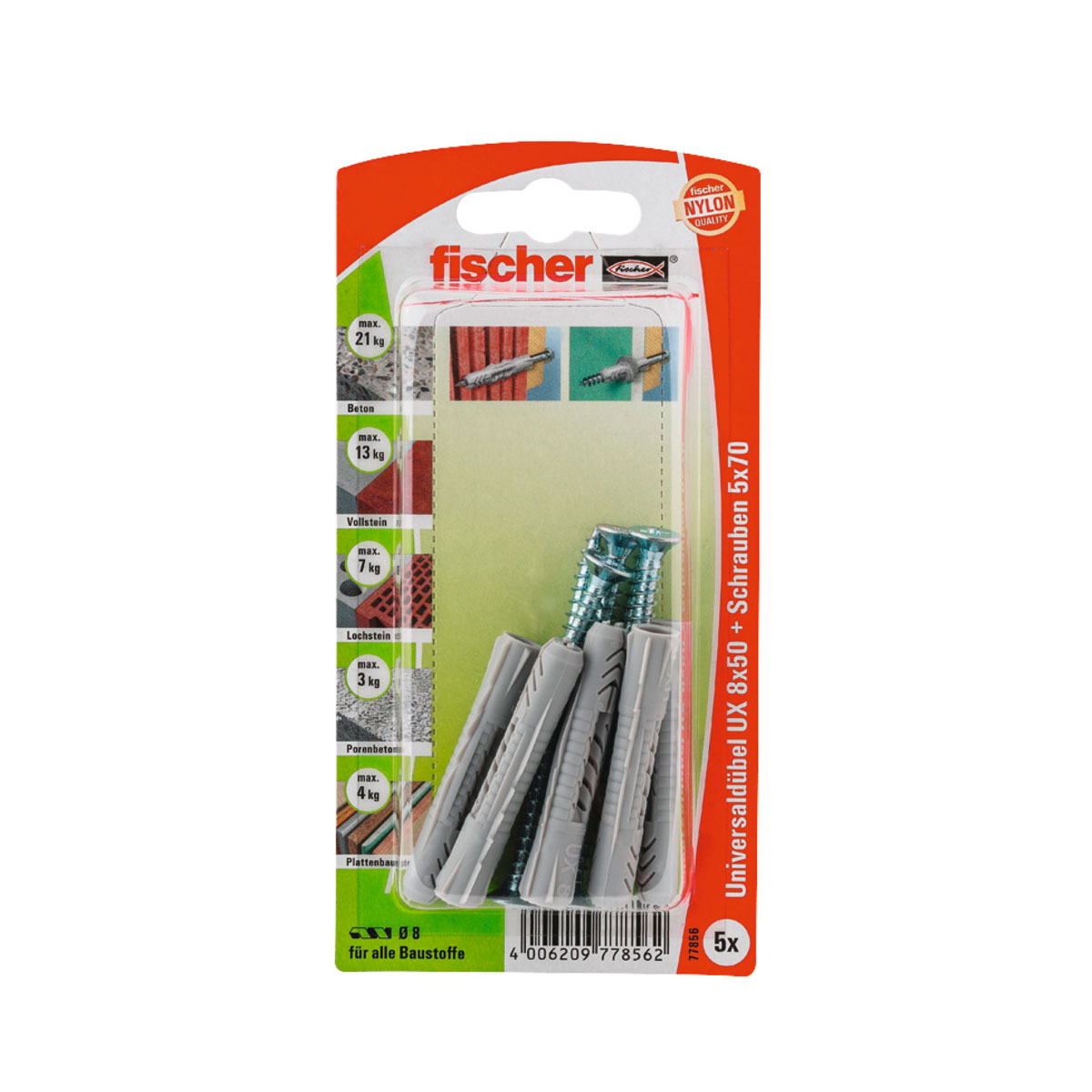 Fischer  Universaldübel UX 8 x 50 mm mit Schraube 5 Stück