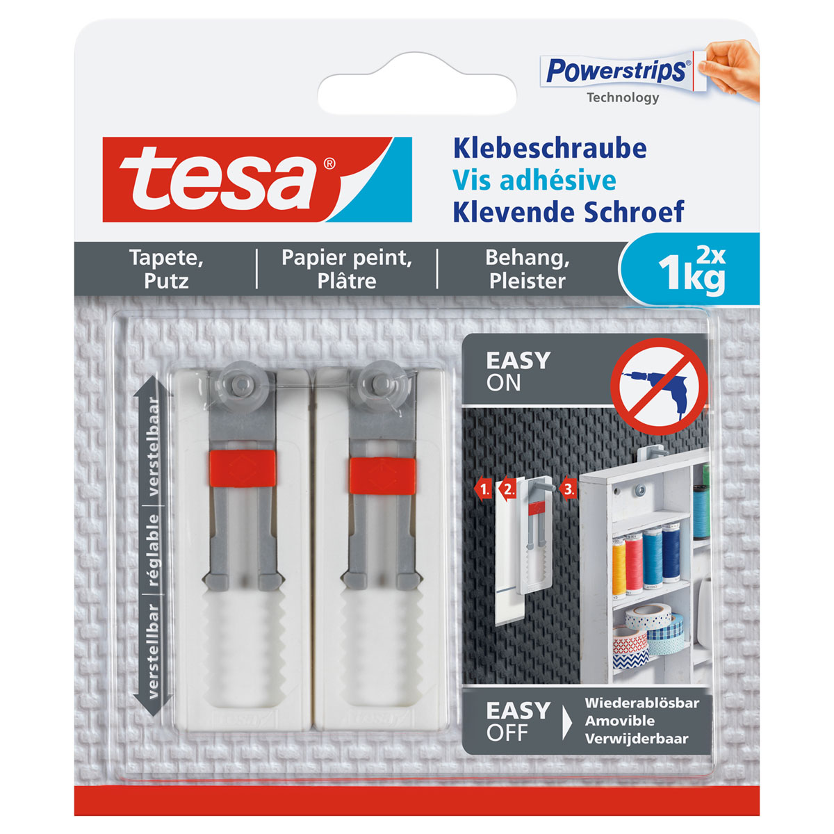 Tesa Klebeschraube für Tapete und Putz verstellbar 2 Stück Traglast 2 x 1 kg Bild 1