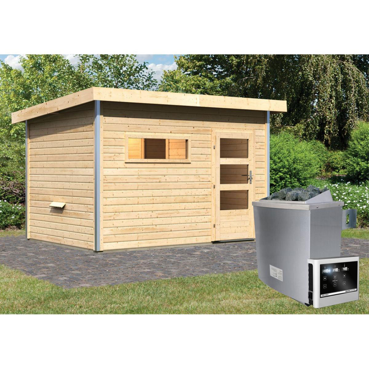 Karibu Saunahaus Skrollan 2 38 mm 9 kW Ofen externe Strg Milchglastür Bild 6